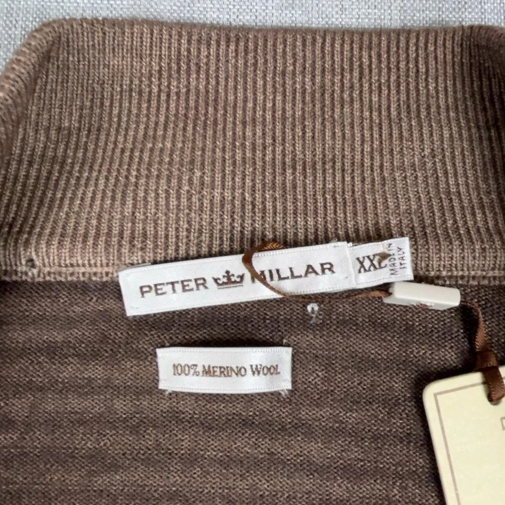 Peter Millar Sweater Mens 2XL Brown 1/4 Zip Mock Neck Merino Wool Striped Italy